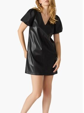 Steve Madden Black Faux Leather Puff-Sleeve Mini Dress